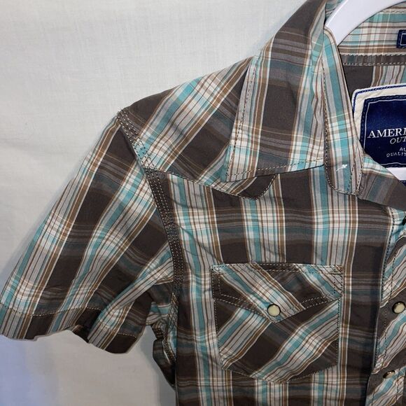 American Eagle Outfitters Western Shirt Men’s Size XS Brown Striped Pearl Snaps - Picture 5 of 12